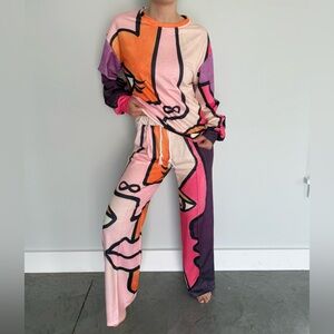 Abstract Face Print Lounge Set Matching Top & Pants Size S